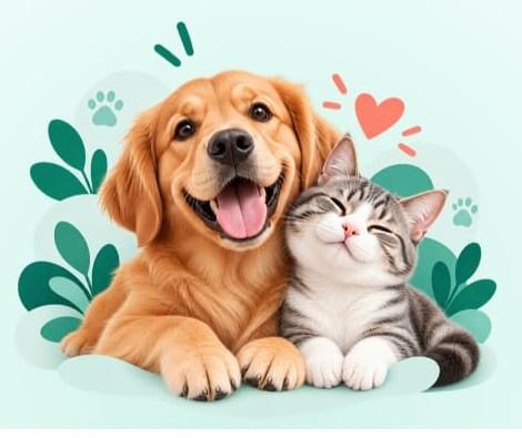 A happy golden retriever and a tabby cat cuddling