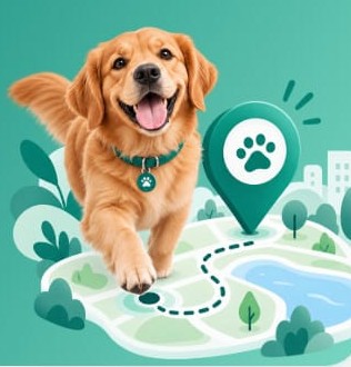 Golden retriever running across a map with a location pin